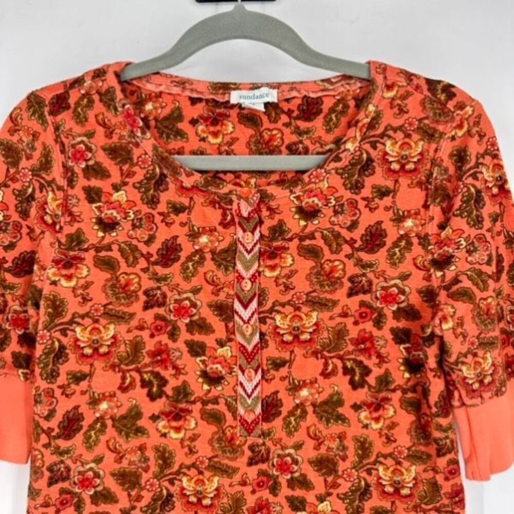 Sundance Women's Floral Waffle Knit‎ Henley Neck Thermal Top Orange Medium - Picture 5 of 10